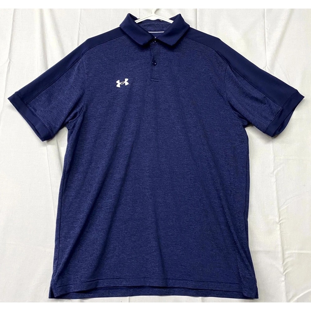 Under Armour Polo Shirt Mens Large Navy Blue Stretch Loose Fit Side Slit Golf